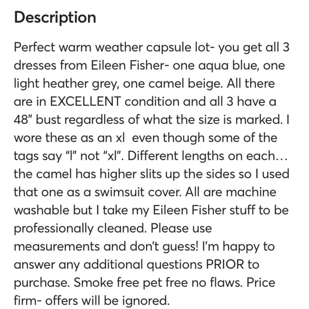 Lot of 3 perfect XL Eileen Fisher spring/summer dresses 48” B aqua grey camel - Picture 12 of 12